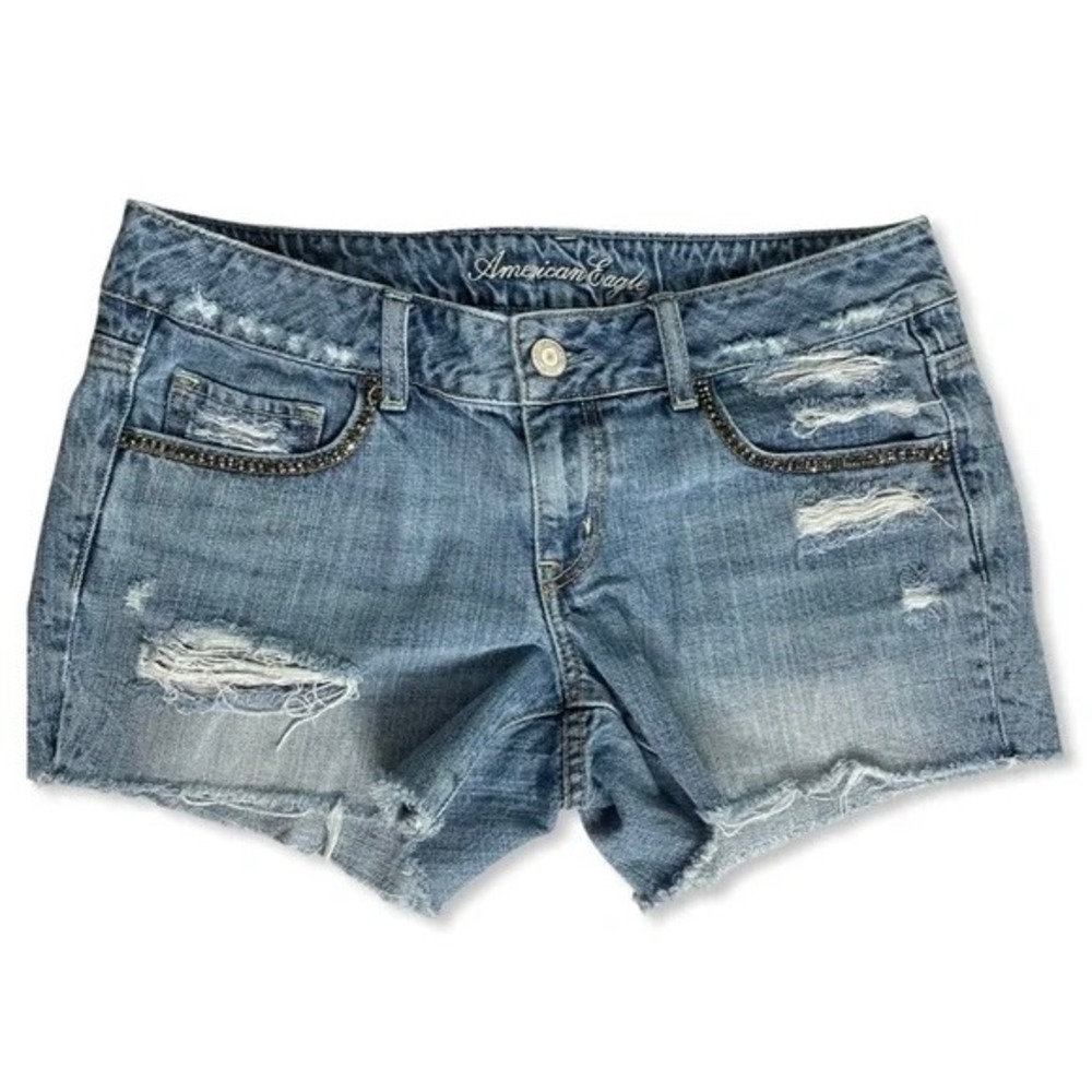 American Eagle Y2K Rhinestone Cut-Off Jean Distressed Bling Shorts Women's 0